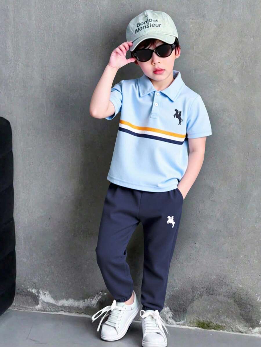 SHEIN 2件套男童条纹短袖Polo衫和短裤休闲装 - 淺藍色 - 查看 1