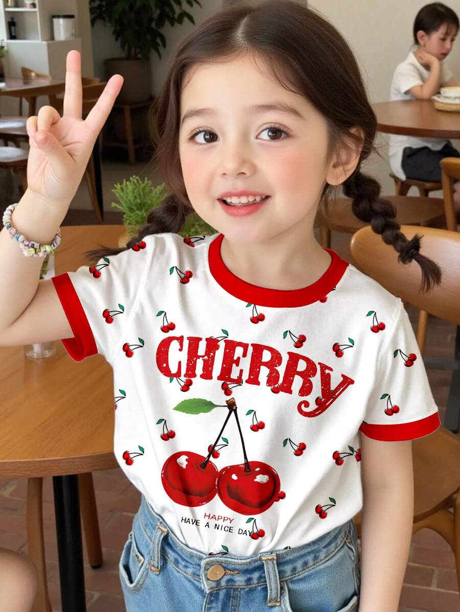 SHEIN Leap Crew 复古樱桃印花,可爱休闲樱桃图案,儿童图案T恤,小女孩圆领短袖T恤,适合夏季、度假、日常穿着,来自东亚的幼儿 - 彩色 - 查看 1