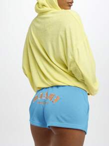 SUMWON WOMEN Miami Beach Graphic Embroidered Jersey Drawstring Shorts Lounge Summer Vacation Beachwear - Blue - View 2