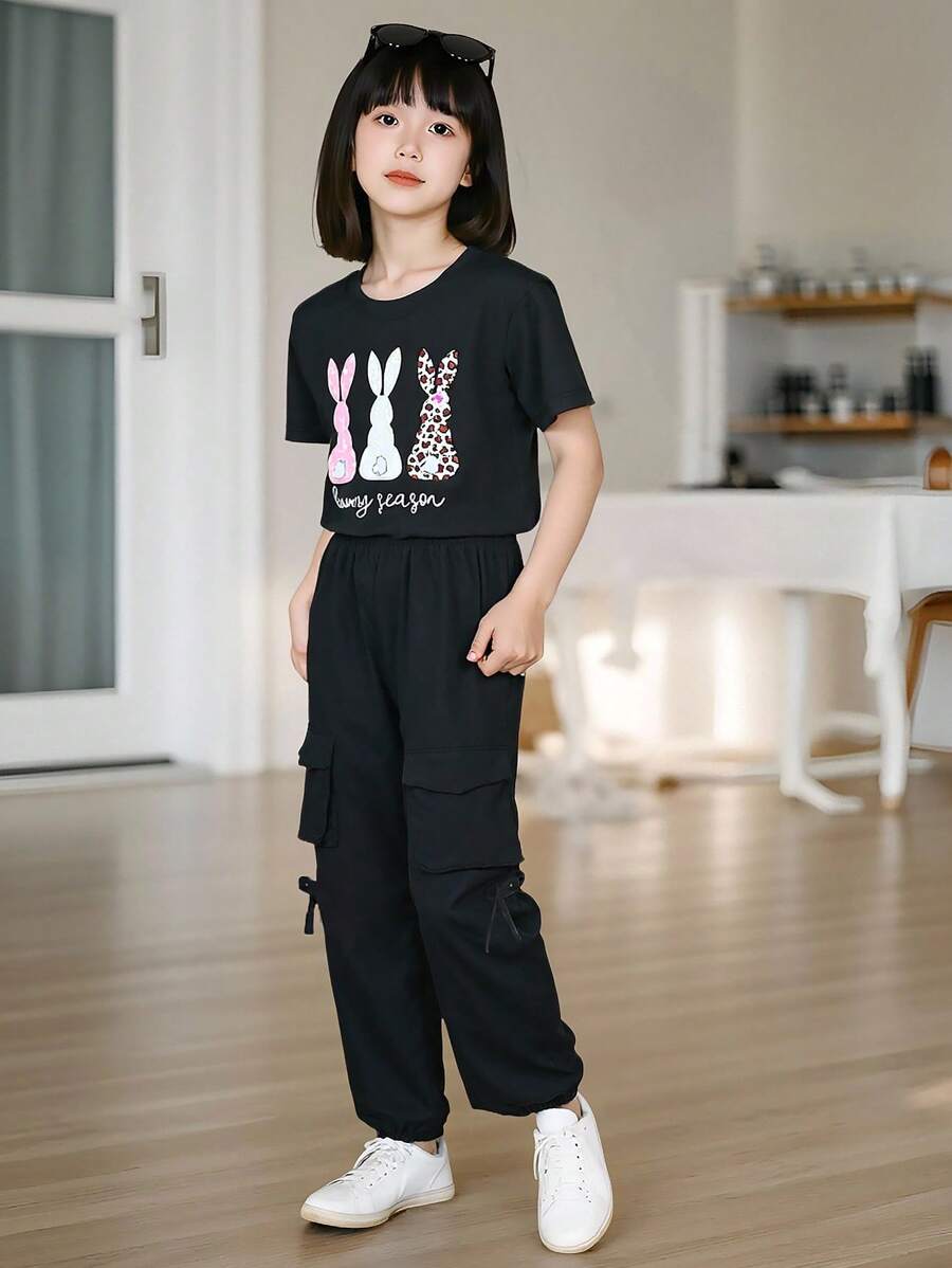 Conjunto de camiseta ajustada de manga corta con cuello redondo y estampado de conejo + pantalones cargo de unicolor con cordón en la cintura para niña adolescente de uso casual diario - Negro - Ver 1