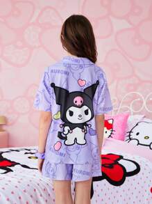 HELLO KITTY AND FRIENDS | SHEIN 少女卡通图案紫色可爱休闲开领睡衣上衣和宽松短裤睡衣套装