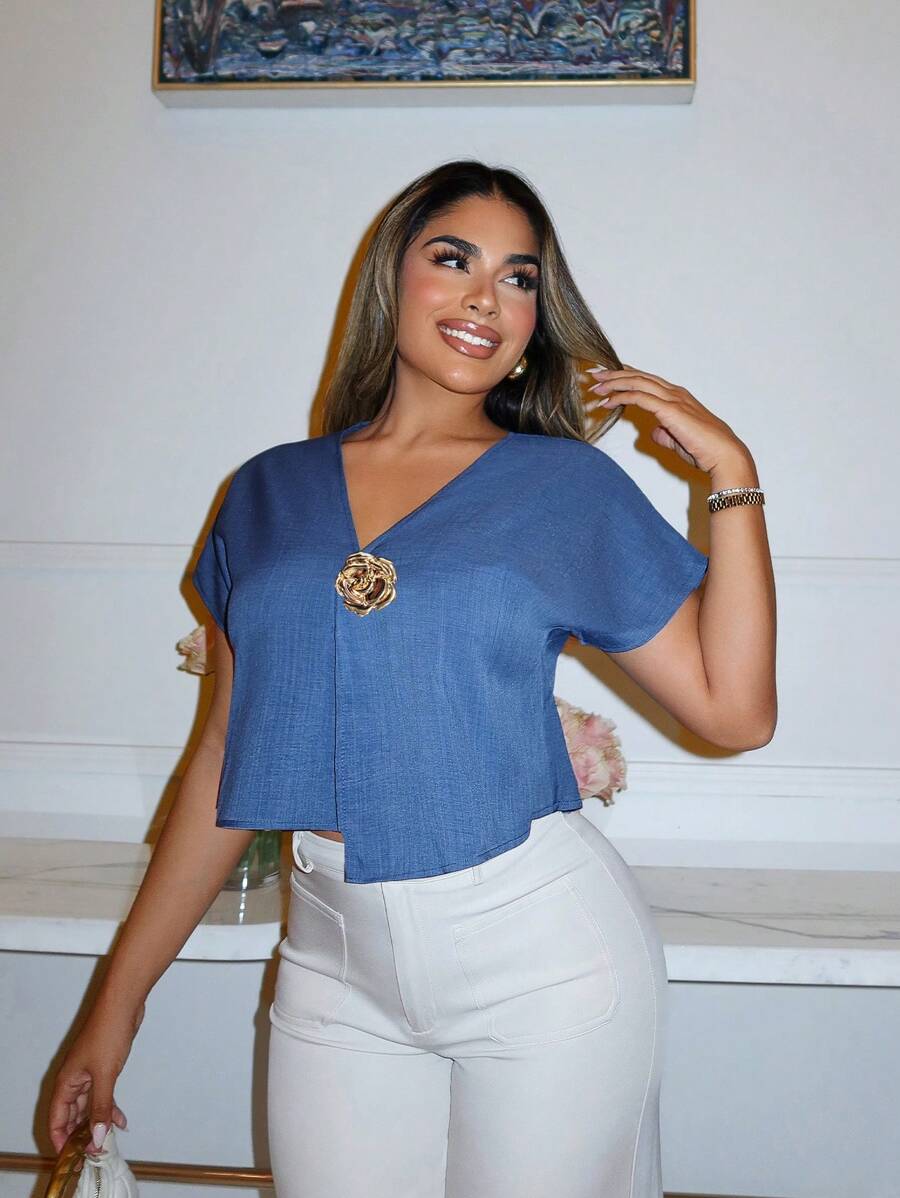 Xyvia Damen Geldstil Herbst asymmetrisches Hemd mit Metallknöpfen