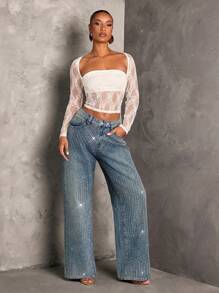 SHEIN BAE Women's Rhinestone Embellished Straight Leg Blue Jeans,Holiday Party - Medium Wash - View 4