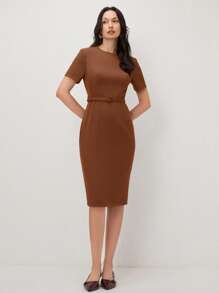 BizChic 2025 女士棕色圆领短袖腰金属腰带连衣裙，浪漫优雅日常时尚百搭商务休闲办公室通勤复古风格女士办公室装女士休闲连衣裙 - 鏽棕色 - 查看 7