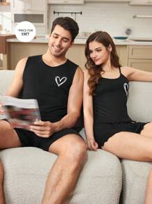 CoupledUp Ensemble de pyjama décontracté pour hommes avec veste sans manches à imprimé cœur