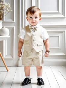 SHEIN 3pcs/Set Baby Boy/Girl Gentleman Suit: White Short Sleeve Shirt T-Shirt, Vest, Shorts/Pants. Gentlemanly Outfit Suitable For Spring/Summer Wear, Home, Outing, Birthday Party, Baptism, 1st Birthday, Ceremony, Wedding Guest, Pageboy, Ring Bearer - Apricot - View 9