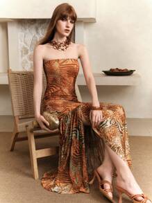 SHEIN LUNE 女士简约印花抹胸连衣裙 - 彩色 - 查看 1