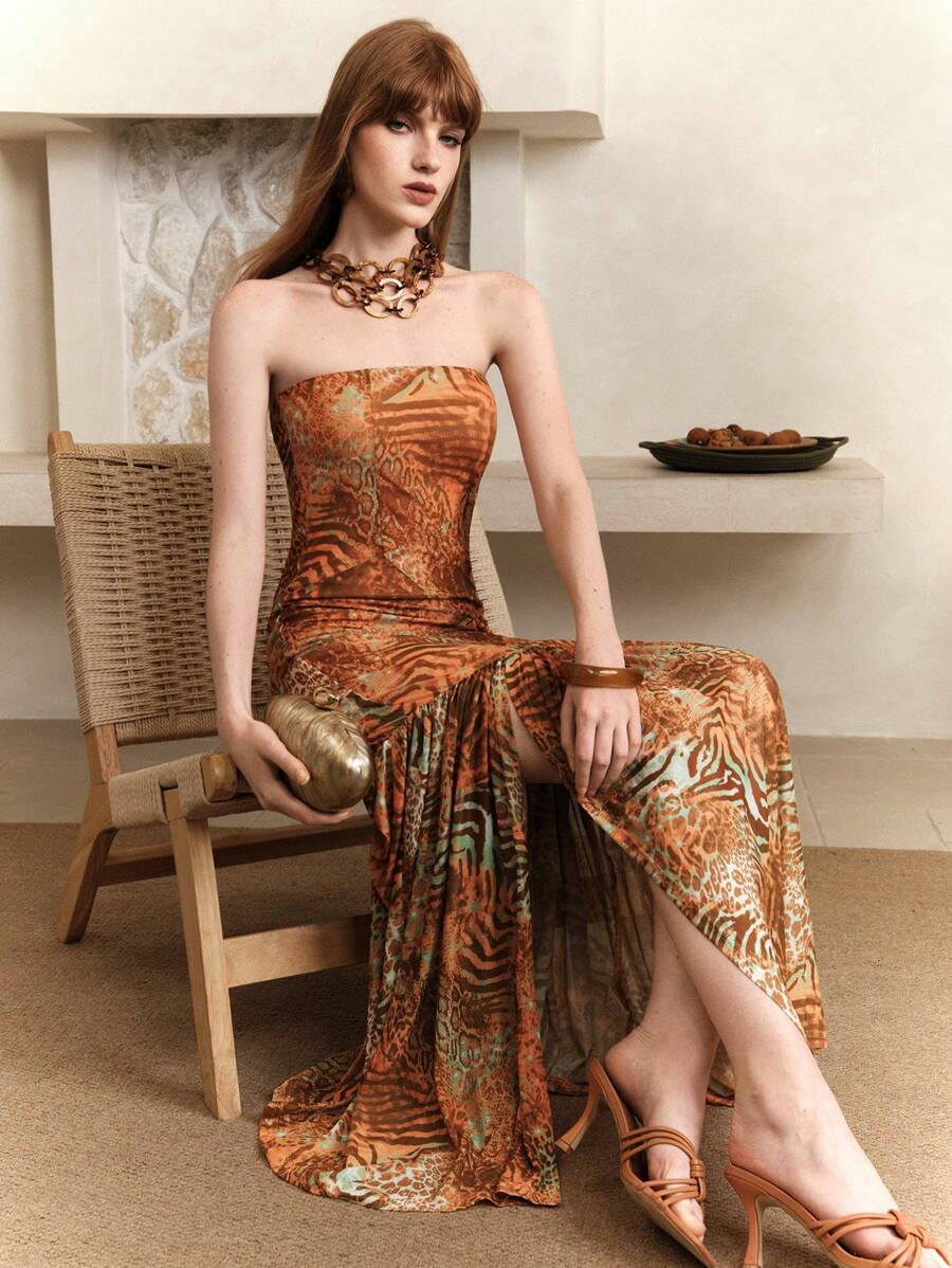 SHEIN LUNE 女士简约印花抹胸连衣裙 - 彩色 - 查看 1