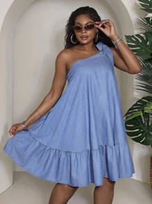 Slaydiva Vestido de peto de mezclilla talla grande, con hombro sexy descubierto, suelto y corto, vestidos de primavera azules para mujeres - vestidos de verano para mujer, vestido con volantes de un hombro, vestido casual, vestido bohemio, vestido de vacaciones, vestido tropical, vestido para salir, vestido de hada, conjuntos de vacaciones en la playa, vestido de playa