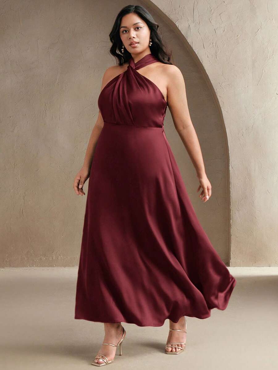 Anewsta 加大码优雅裹身式绿色褶皱腰连衣裙，搭配飘逸裙摆，高端修身休闲/度假/婚礼宾客连衣裙 - 中紫紅色 - 查看 1