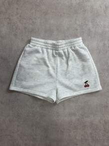 Attitoon Bộ 2 áo hoodie và quần short cỡ lớn, phù hợp cho mùa thu/đông trở lại trường cho nữ Bộ đồ nỉ có mũ và quần short Bộ đồ nỉ màu xám Bộ đồ nỉ thêu họa tiết quả anh đào Bộ đồ nỉ có mũ và quần short - Màu Xám nhạt - Xem 6