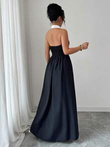 Elenzga Sleeveless Contrast Color Waist Elegant Romantic Women Halter Dress - Black and White - View 2