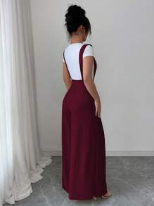 Selianne 褶皱吊带简约通勤女裤 - 酒紅色 - 查看 2