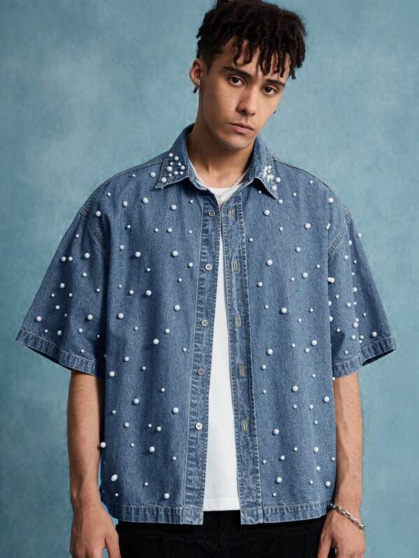 ROMWE MEN Street Life Camisa vaquera casual de hombre con detalles de remaches decorativos desgastados