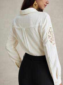 Briarwyn Blusa de manga larga con bajo curvo y encaje de contraste de unicolor, para primavera/verano, verano y playa, 4 de julio, aeropuerto - Albaricoque - Ver 3