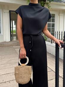 SHEIN PETITE Elegant, avslappnad, svart, vävd, rund halsringning, ärmlös damskjorta, svarta, vävda, vida benbyxor, 2-delat set för kvinnor - Svart - Visa 5