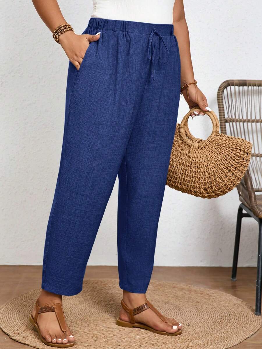 SHEIN Frenchy Plus Size Solid Color Casual Trousers With Elastic Waist And Diagonal Pockets - Royal Blue - View 1