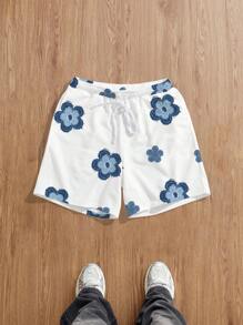 Manfinity Joysei Loose Sized Men's Fashionable Flower Pattern Loose Fleece Shorts, Suitable For Summer Floral Shorts For Men - White - View 1