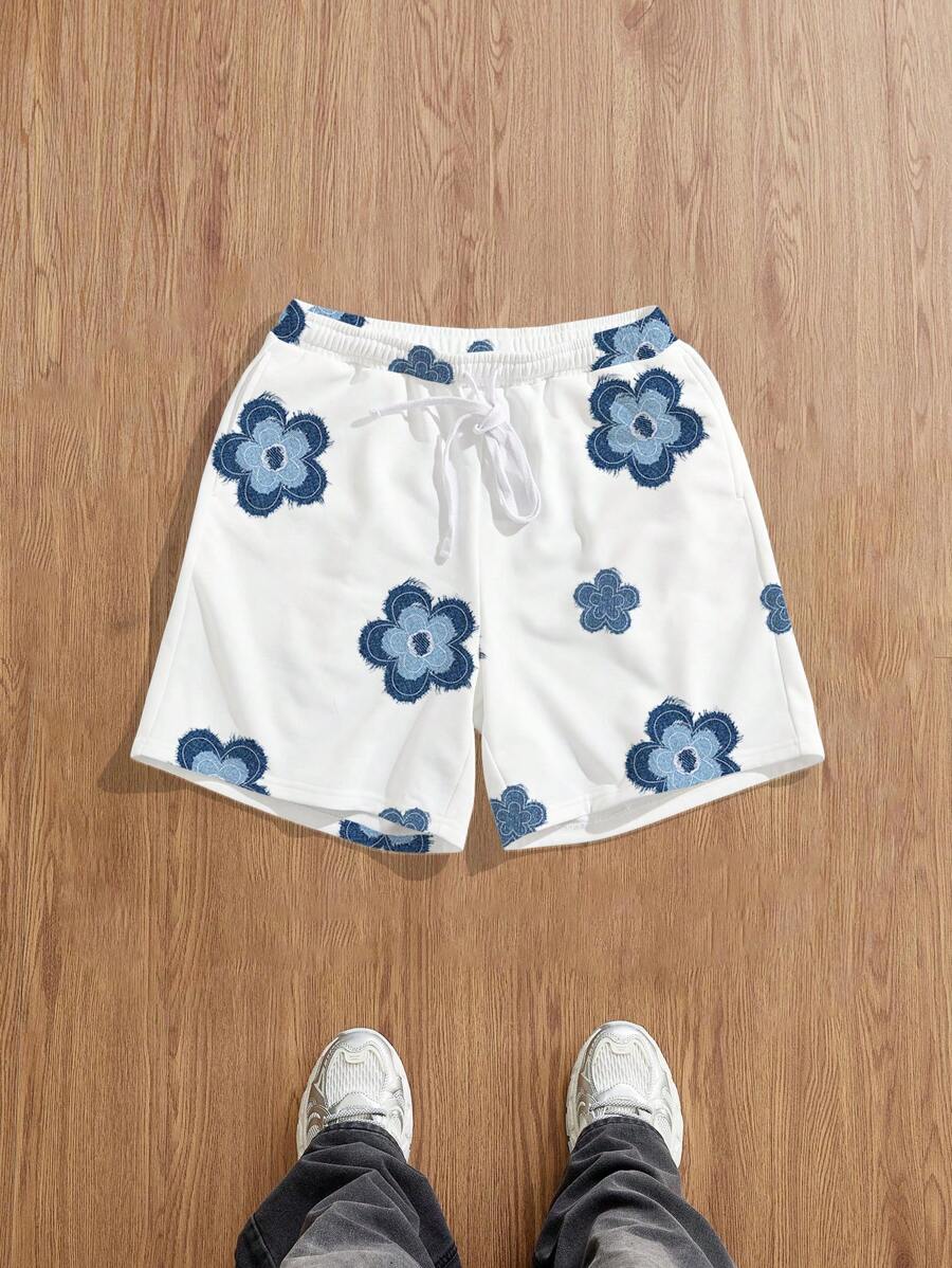 Manfinity Joysei Loose Sized Men's Fashionable Flower Pattern Loose Fleece Shorts, Suitable For Summer Floral Shorts For Men - White - View 1