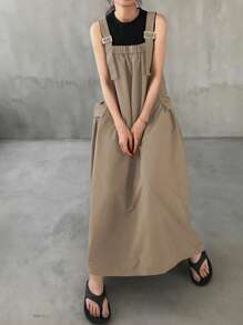 FRIFUL 女式纯色口袋宽松长款吊带连衣裙，春季 - 卡其色 - 查看 3