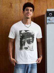 SWAVVY Men T-Shirts Fit Crew Neck Drop Shoulder Short Sleeve Graphic Tee Figures Street Summer Cotton - White - View 3