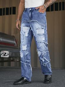 AXEPEAK Men's Casual Washed Distressed Straight Leg Jeans, Streetwear Style