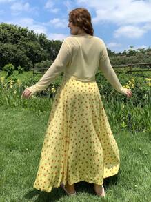 SHEIN EZwear 加大码两件套：碎花收腰喇叭裙 + 透视夹克 - 黃色 - 查看 2