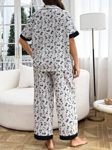 SHEIN Plus Size Women Floral Print Contrast Color Pocket Shirt And Pants Pajama Set