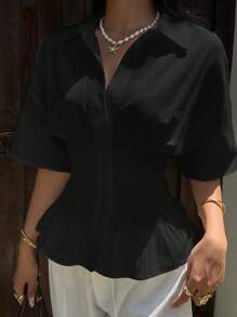 SHEIN EZwear Women's Black Woven Front Button Short Sleeve Shirt, Summer Black Blouse Short Sleeve Blouse - Black - View 9