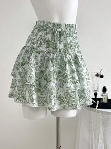 Elamini Waist Gathering Ditsy Floral Green Skirt, Fashionable For Summer