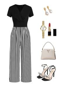 Ellevyn 女士新款时尚优雅 V 领收腰修身条纹连体裤，通勤、工作、休闲皆宜 - 黑與白 - 查看 3