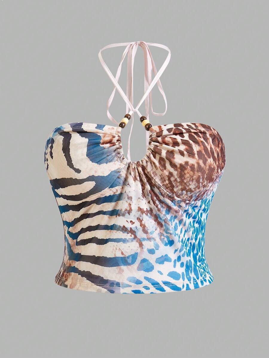 SHEIN ICON 大码女式豹纹胸前镂空抽绳露肩吊带背心 - 彩色 - 查看 1