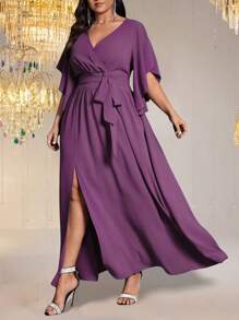 Auvina 大码女式纯色V领喇叭袖系带腰部褶饰开衩优雅派对长裙 - 淡紫色 - 查看 4
