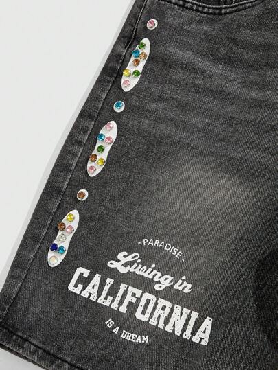 Street Life Men's Letter Print Pocket Casual Rhinestone Embellished Denim Shorts