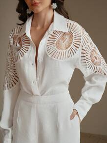 Anewsta 女士纯色拼布蕾丝宽松衬衫和阔腿裤套装，春夏秋 - 白色 - 查看 4