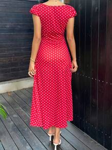 Sunnyshic Black & White Polka Dot Full Print Lace Patchwork Heart Shape Collar Bubble Sleeve Waist Cinched A-Line Midi Dress, Minimalist, Vacation Travel, Sweet, Elegant, Simple, Spring/Summer, Casual Women - Red - View 2