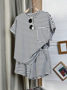 SHEIN 2pcs/Set Plus Size Casual Striped Crew Neck Short Sleeve Top And Shorts Set