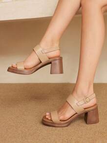 Styleloop 杏色简约圆头粗跟中跟休闲舒适便携女士高跟鞋，高跟鞋适合约会、优雅装扮、派对、波西米亚风、西部风、音乐节 - 杏色 - 查看 5