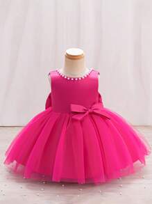 SHEIN Glamorique Kids 女婴圣诞公主裙、舞会礼服、派对和婚礼花裙、粉色薄纱泡泡裙、白色串珠 V 字背大蝴蝶结公主礼服婴儿紫色连衣裙 - 玫紅色 - 查看 2