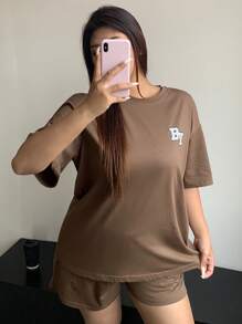 Dazy Plus Letter Print Crew Neck Loose Short Sleeve Top And Shorts Pajama Set