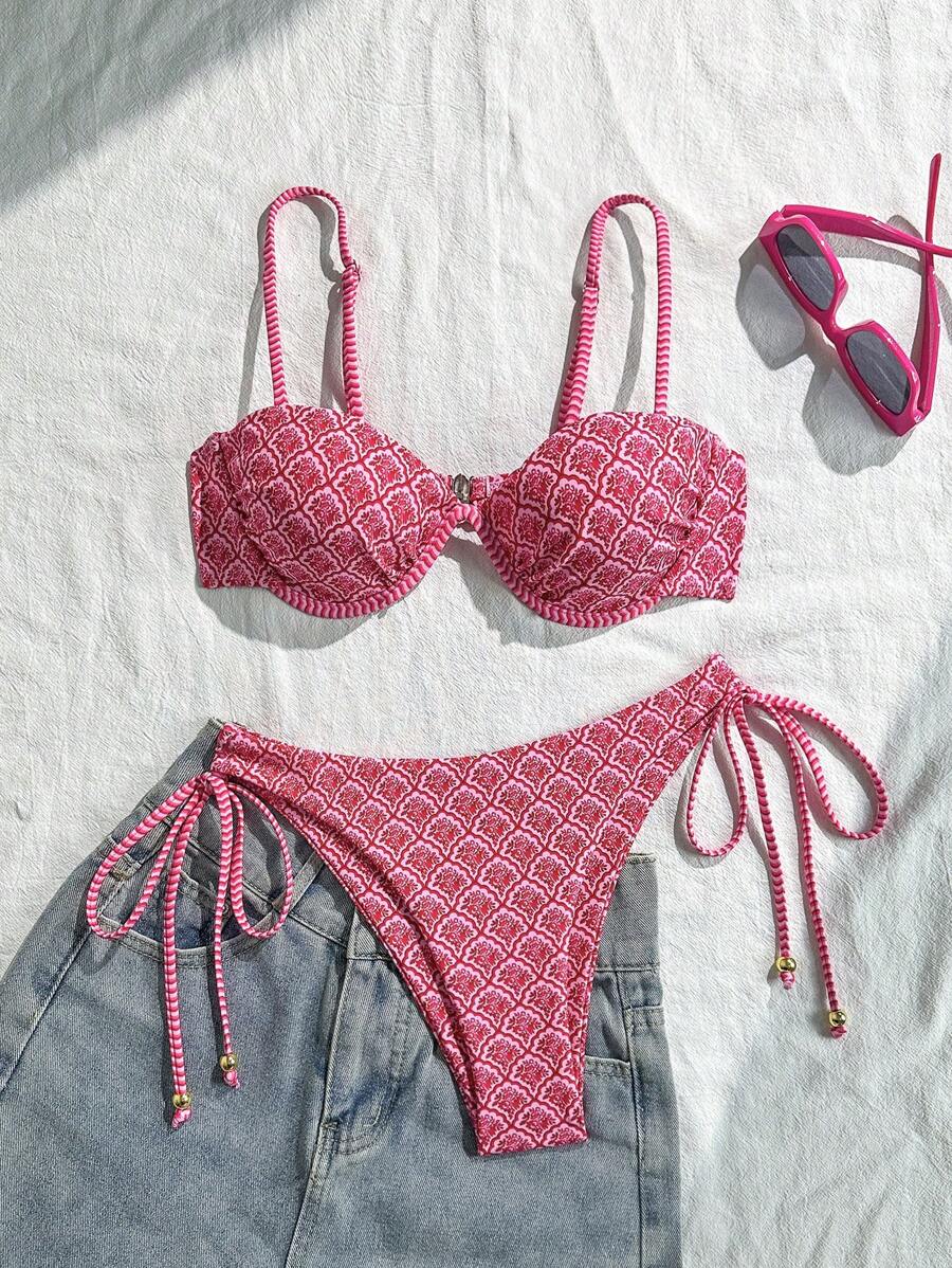 Swim Mod Random Print Wire-Free Push Up Cami Top And Side Tie Swim Bottoms Women 2 Pieces Swimsuit For Beach Summer Holiday Pink