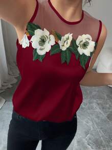 SHEIN Unity 女士圆领无袖透视花衬衫，浪漫优雅的度假装 - 酒紅色 - 查看 5