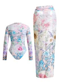 Swim Shayni 2pcs Women Floral Patchwork Rhinestone Pattern Palace Style Swimsuit, Elegant Casual For Spring/Summer Vacation, Beach, Party - Multicolor - View 11