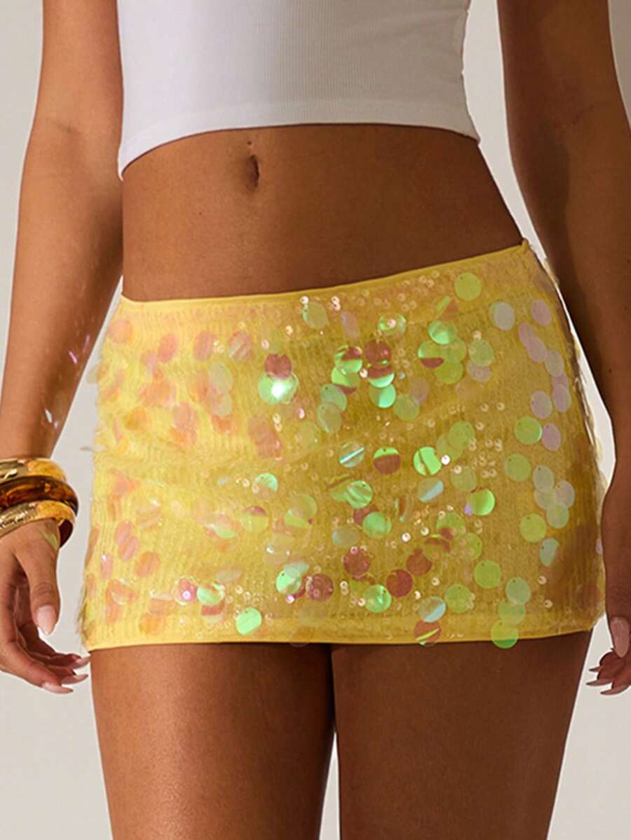 Glamine Women's Solid Color Sequin Decor Fitted Mini Yellow Skirt Women Bottoms Women Summer Clothing - Yellow - View 1