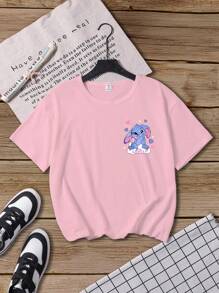 少女休闲卡通印花短袖T恤，夏季 - 粉色 - 查看 3