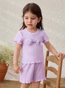 Blossori Conjunto de camiseta de manga corta y pantalones cortos con decoración de lazo, estilo campestre, para niñas bebé - Morado - Ver 6