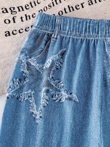 Wildeya Conjunto casual de 2 piezas para niñas pequeñas, camiseta blanca de manga corta con moño y pantalones acampanados de aspecto de jean azul de punto, conjunto de verano lindo