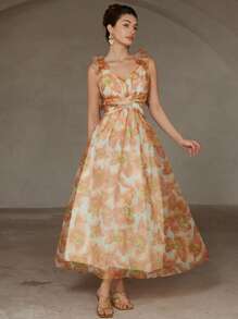 GENKIRA 意大利风格浪漫优雅性感交叉荷叶边V领露背花卉印花长裙，适合情人节约会之夜 - 黃色 - 查看 3