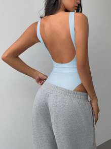SHEIN BASICS Casual Solid Color Knit Backless Bodysuit For Women - Blue - View 1