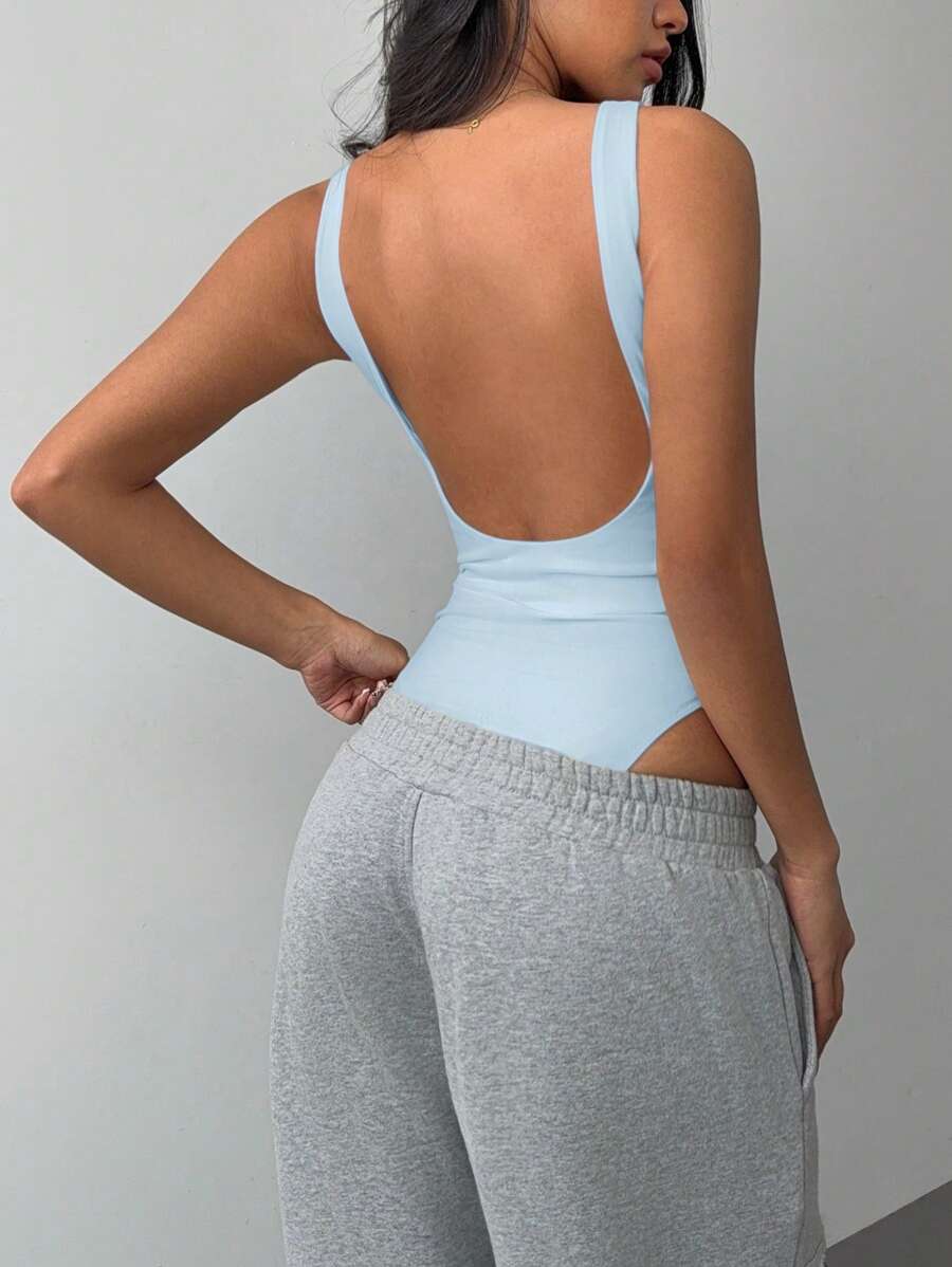 SHEIN BASICS Casual Solid Color Knit Backless Bodysuit For Women - Blue - View 1